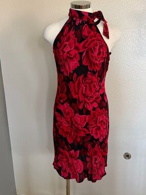 connected apparel Red and Black Floral Halter Midi Dress